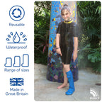 Girl wearing short leg waterproof protector in outdoor shower