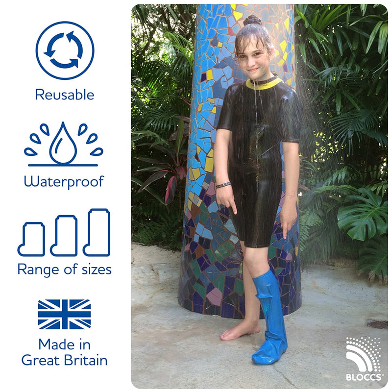 Girl wearing short leg waterproof protector in outdoor shower
