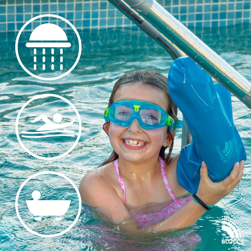 girl swimming in a pool wearing a bloccs waterproof full arm cast protector