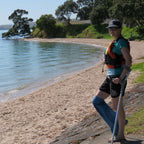 Dani at beach wearing bloccs short leg cast cover