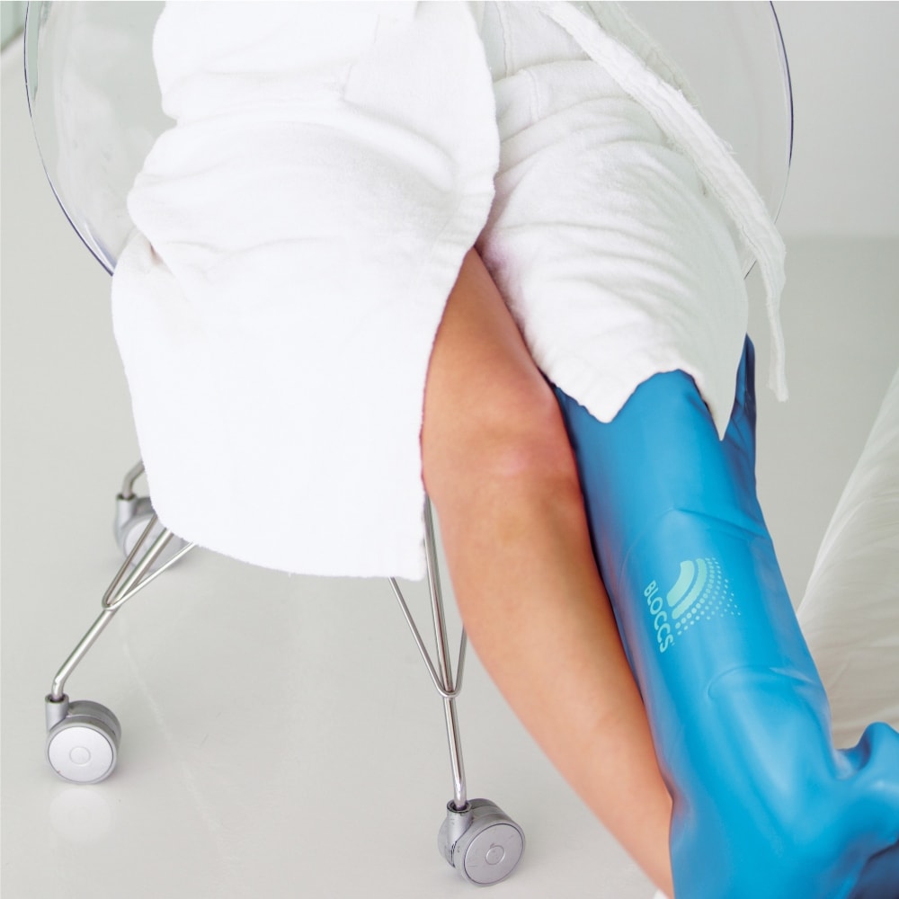 woman wearing a bloccs full leg waterproof cast protector